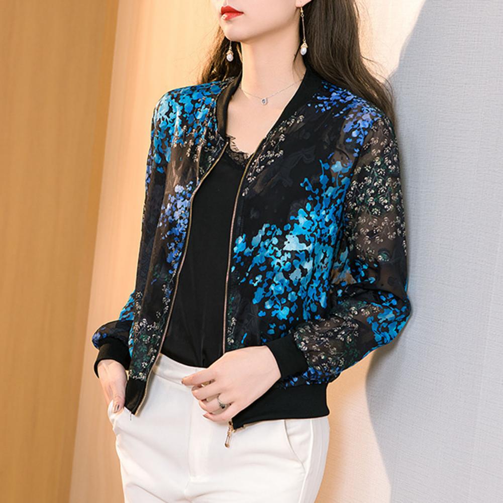 Title 3, Women See-through Chiffon Coat Stand Collar Lon...