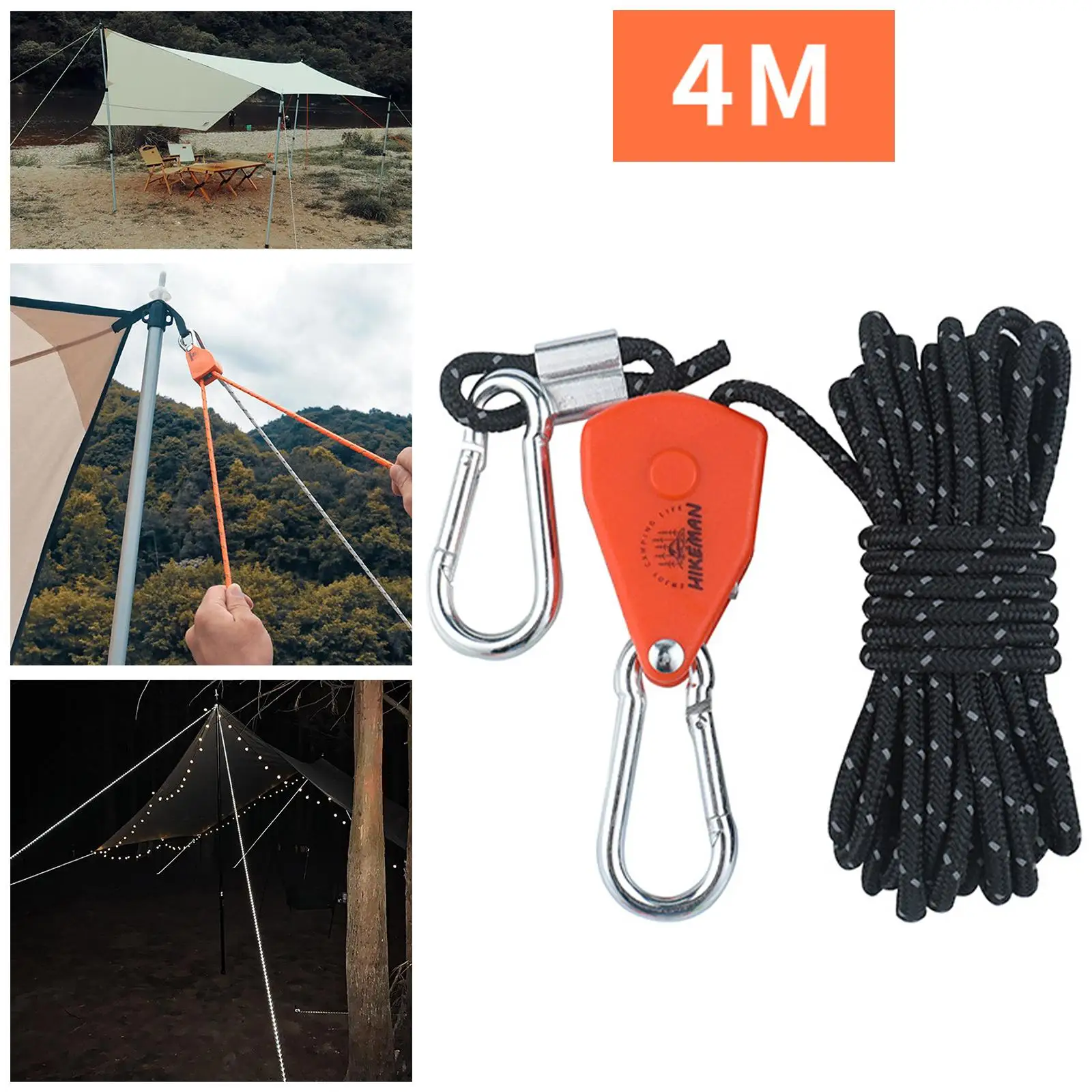 Pulley Ratchet Rope Hanger Tent Wind Rope with Carabiner for Camping Hiking