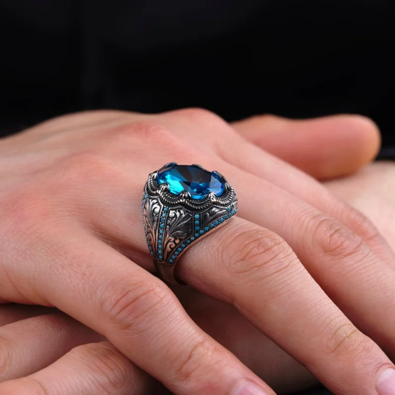 Retro Handmade Turkish Rings for Men Vintage Metal Silver Color Inlaid Blue Zircon Punk Ring Muslim Jewelry