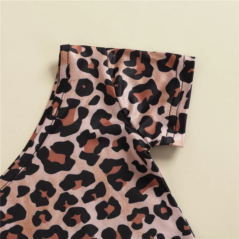 Girls Summer 2Pcs Outfit Sets One Shoulder Leopard Print Tops + Blue Denim Suspender Shorts vintage Baby Clothing Set