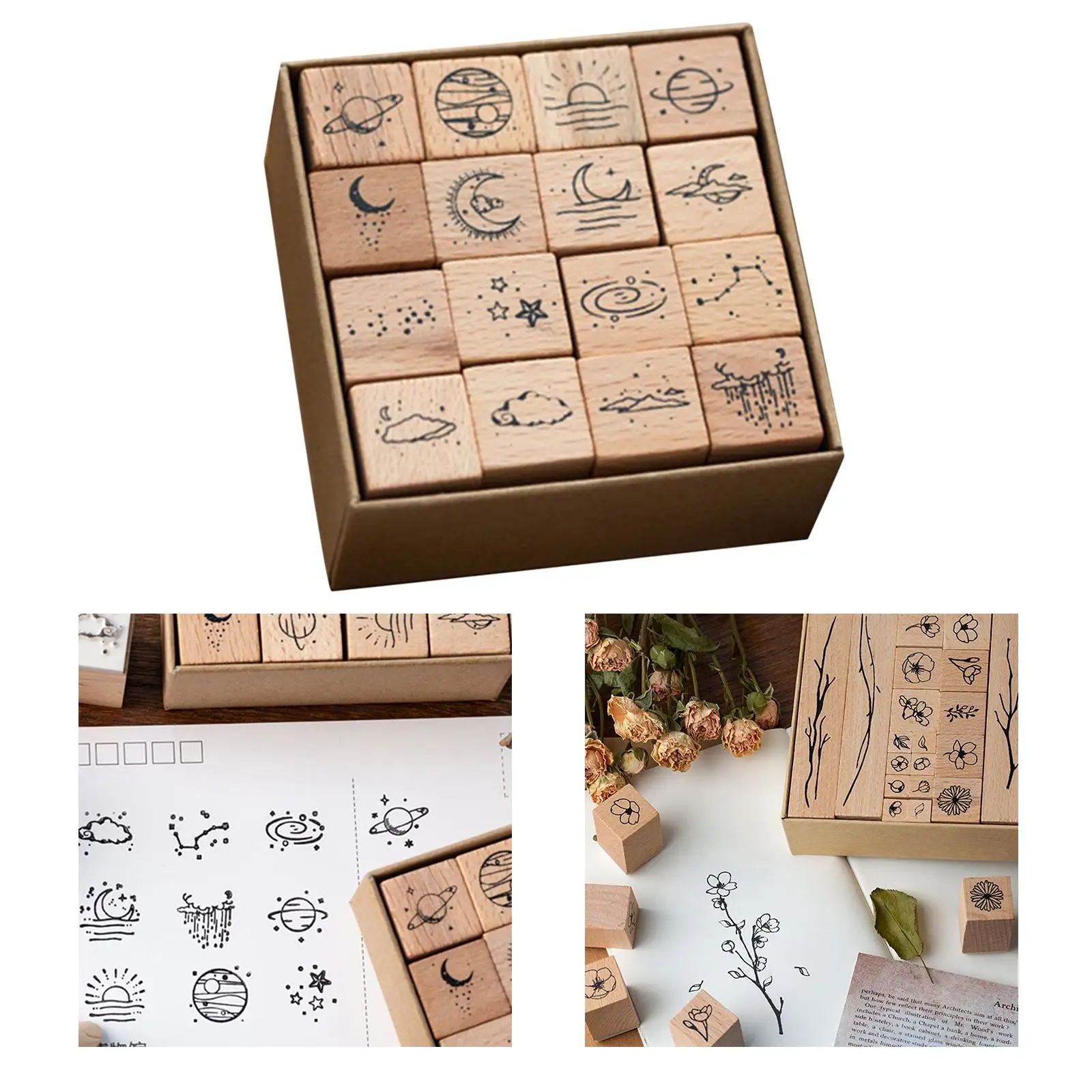 16x Wooden Rubber Stamp Set DIY Scrapbooking Moon Sun Rain Cloud Stars for Planner Diary Printing