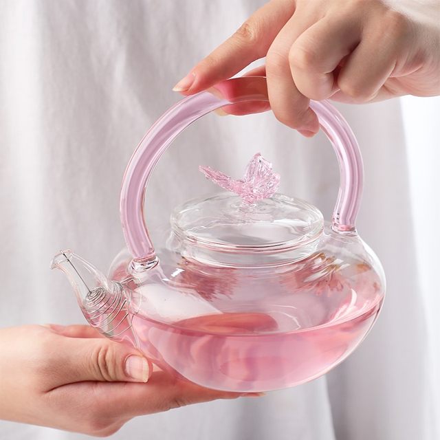 700ml Transparent Pink Iris Teapot Pyrex Cooking Teapot Household