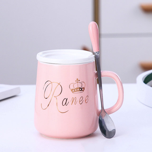 1pc 450ml Cute Coffee Mug For Girls With Lid & Spoon Ceramic Milk Breakfast  Cup, Cartoon Couple Mark Cup For Home Use