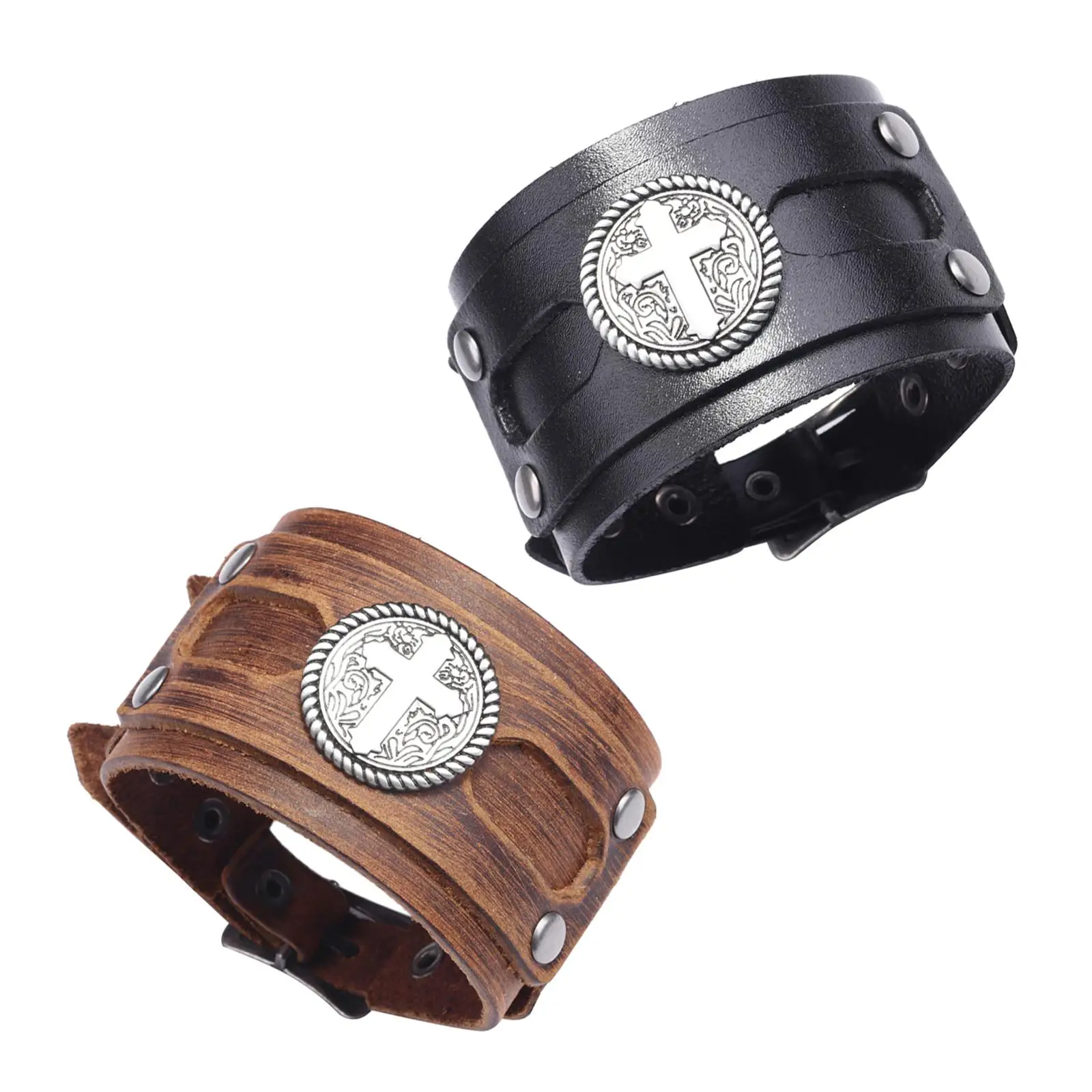 Punk rock metal buckle bracelet wide leather strap cuff bracelet
