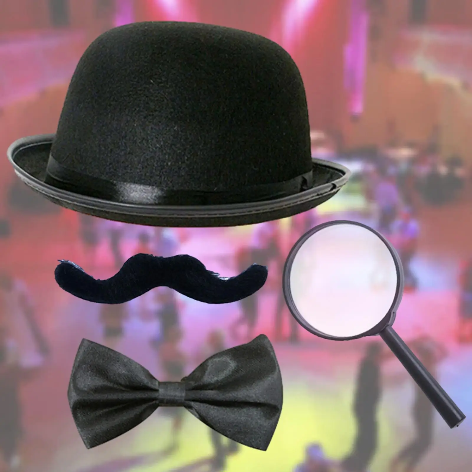 Beard Bow Tie Hat Magnifying Glass Masquerade Halloween Magician Costume Set