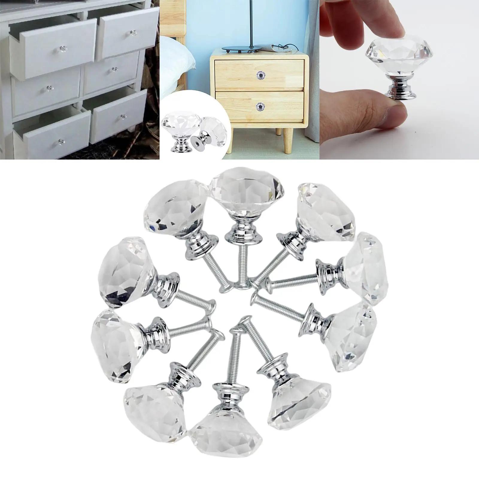 10x 30mm Crystal Glass Drawer Knobs Pulls Handles, for Home Kitchen Bathroom Easy to Install