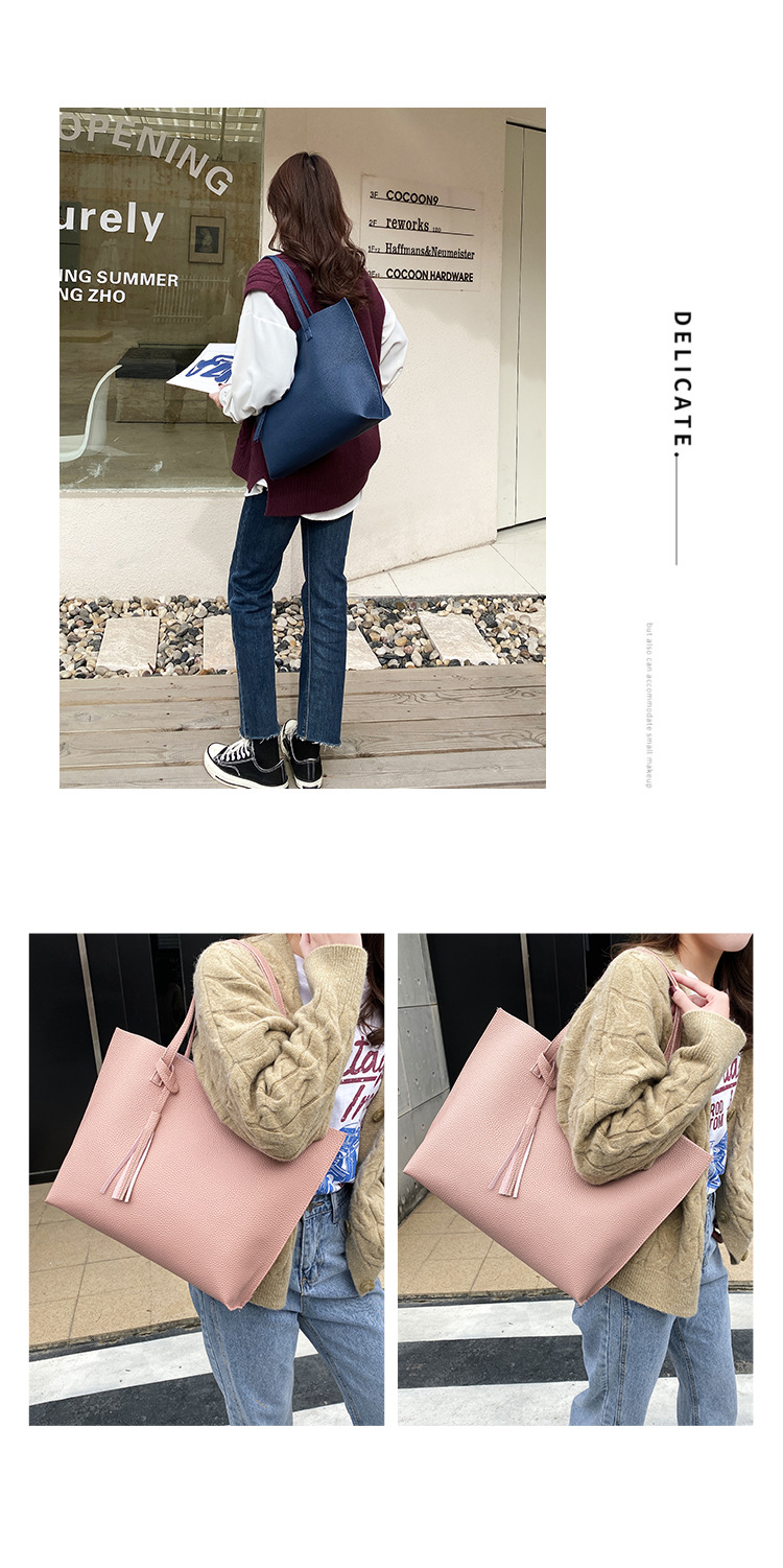 The trendy and stylish lychee patterned tassel decoration underarm tote bag with large capacity shopping bucket for women's bag