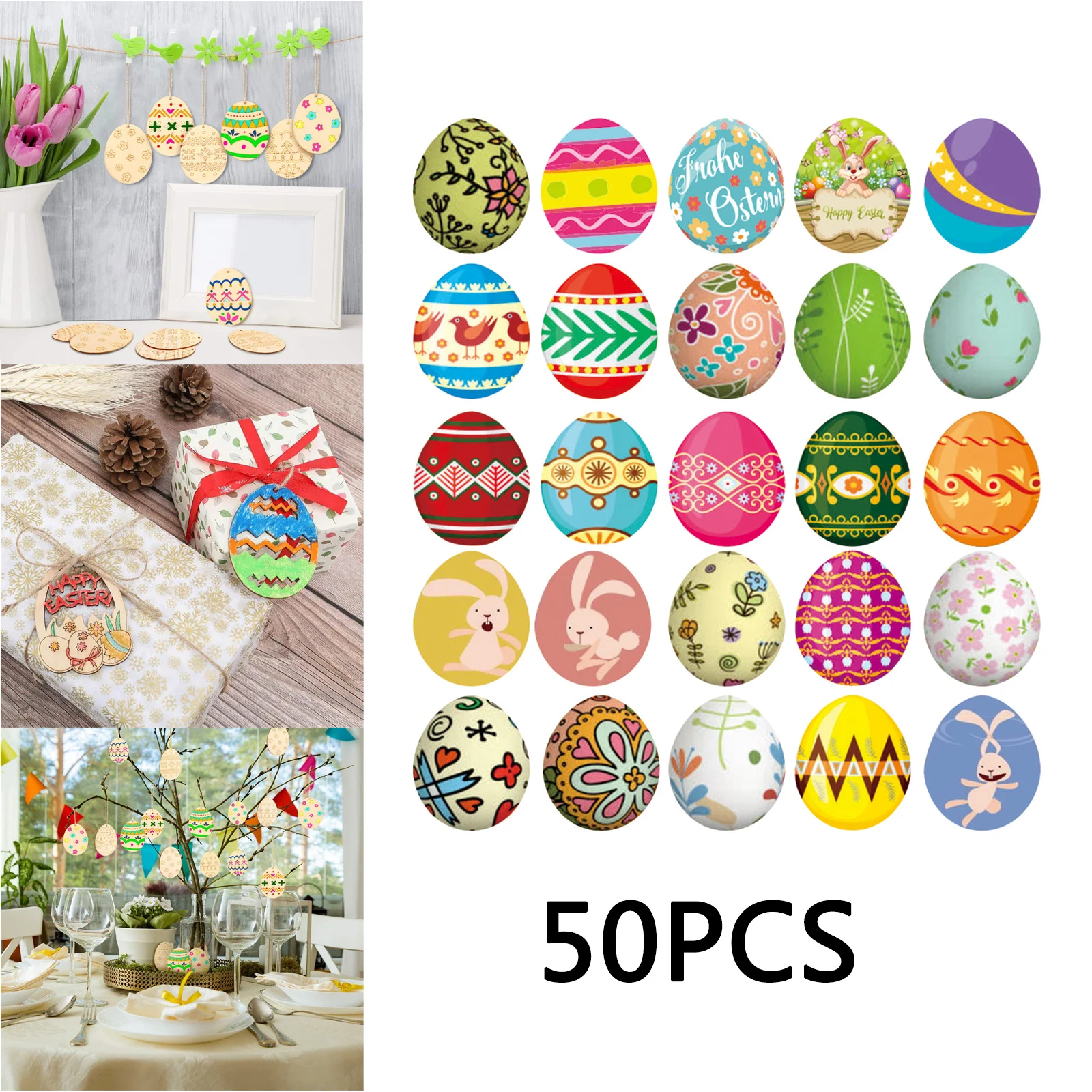 50 Pieces Color Ful Easter Wooden Ornaments for Crafts Easter Egg Wood