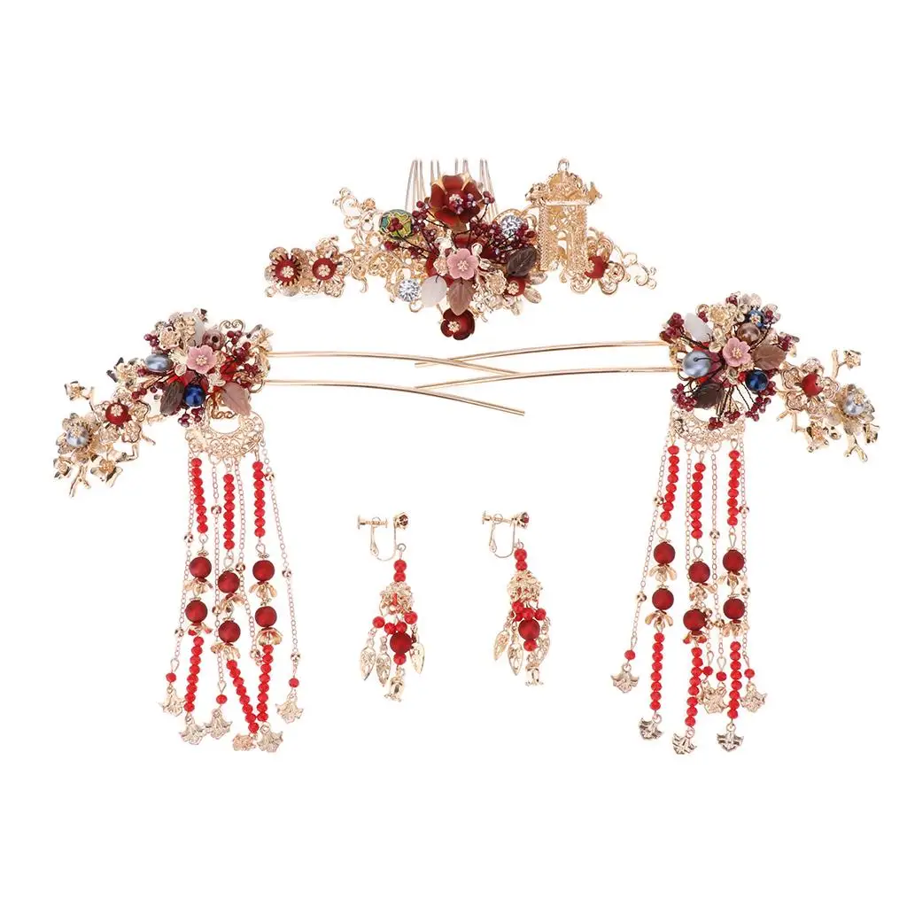 Bridal Tiaras Headdress Chinese Wedding Fringed Hair Comb Hairpin Earrings Set