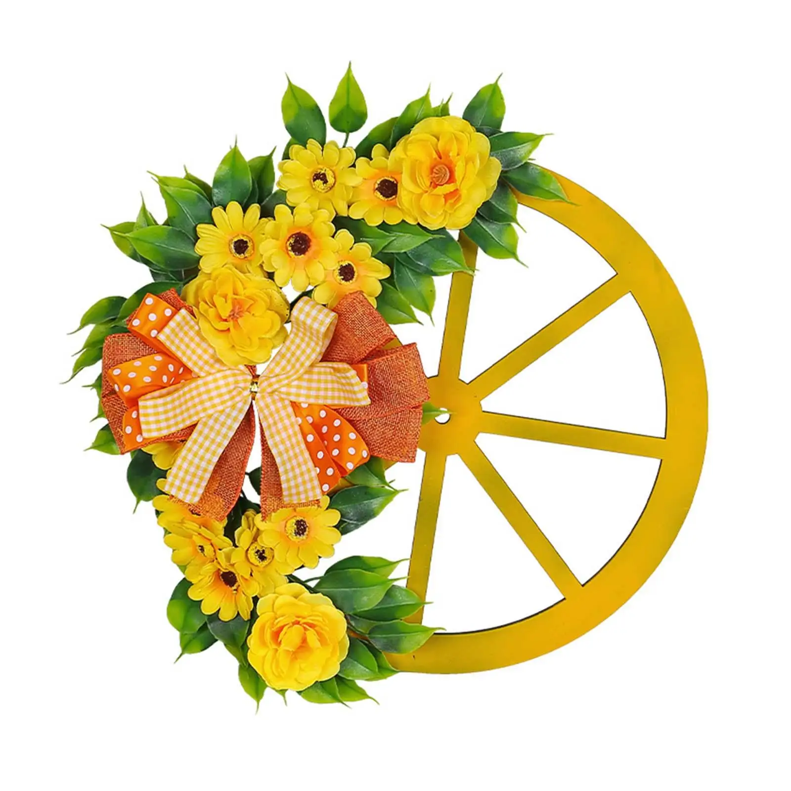 Spring Wreath Yellow Artificial Flowers and Wheel Decoration 41x41cm New Year Wreath for Front Porch, Table Centerpieces