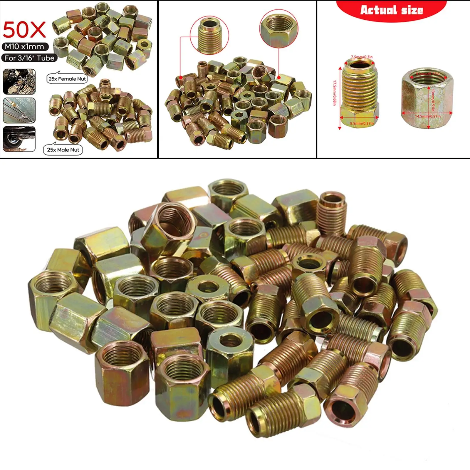 50/Set Brake Line Connector Fittings 10mm x 1mm Female/Male Metric Nuts for 3/16 Tube Accessory