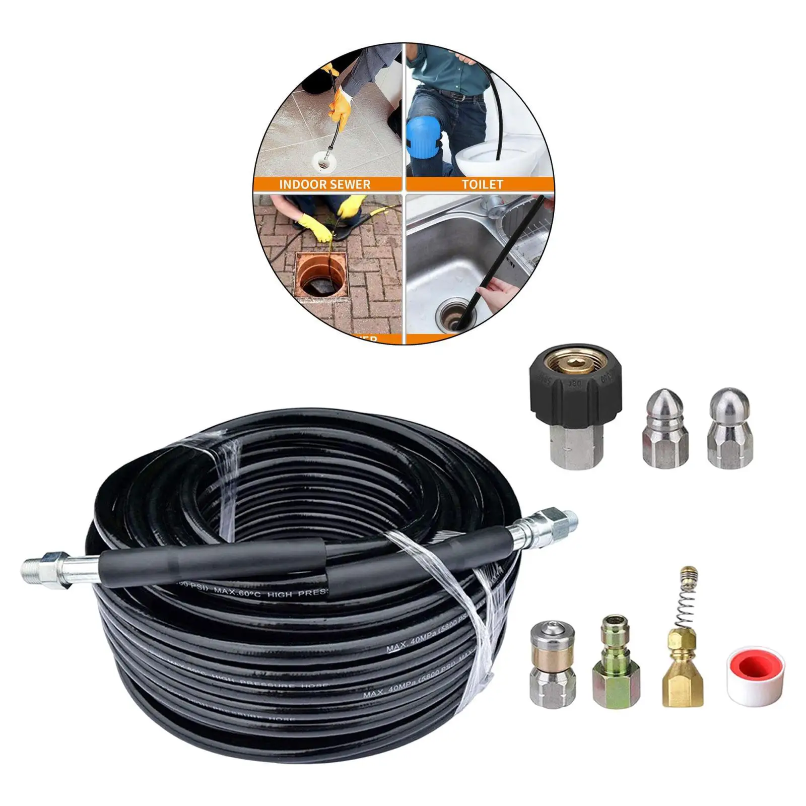 High Pressure Washer Hose with Quick Connector Drain Cleaner Hose Jetter Set
