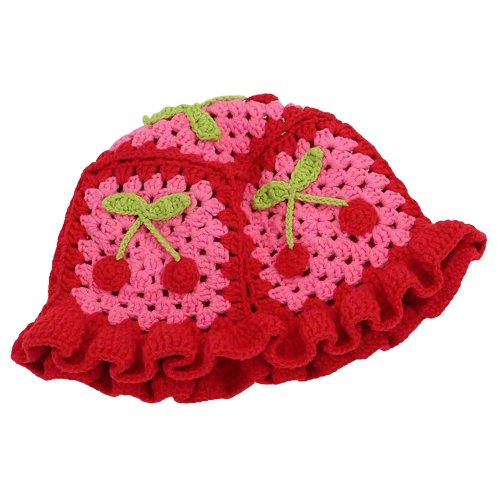 Hollow Cherry  Hat Knitted Embroidered Photo Props Soft Fruit Fisherman Hat Handmade Red for  Beach Women 