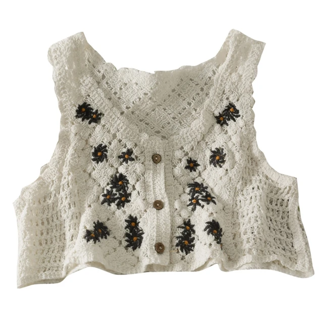 Women French Style Vintage Crochet Knit Vest Waistcoat Sweet Daisy