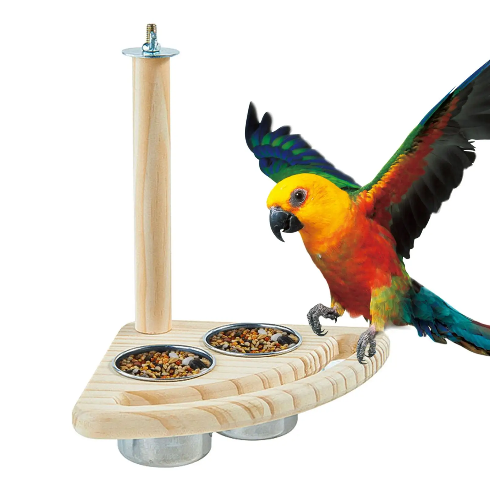 Bird Perch with 2 Stainless Steel Bowls Feeding and Watering Supplies Birds Cage Accessory for Medium Large Small Cockatiels