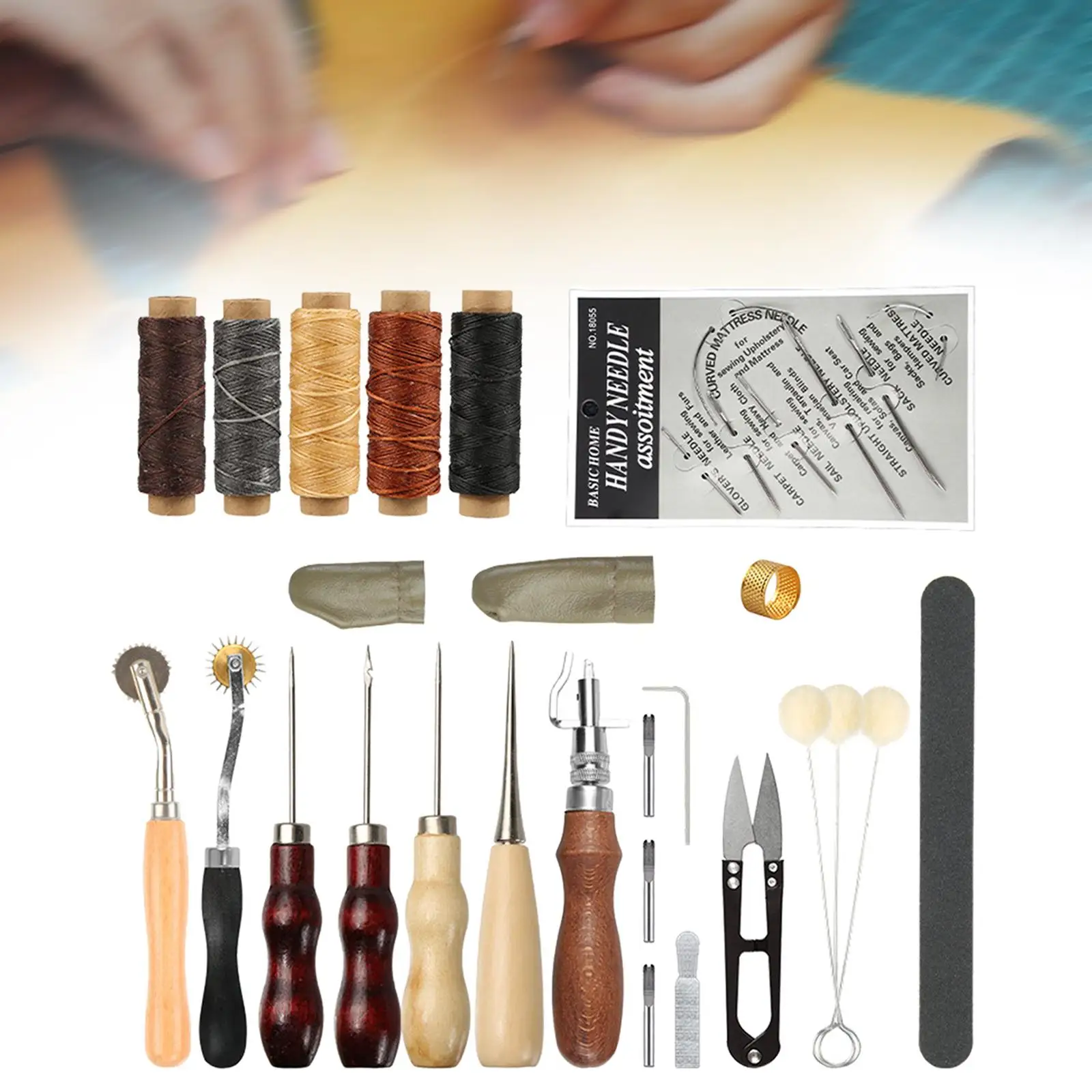 Leather Working Tools Set with Waxed Thread, Thimble, Awl Practical Leather Crafting Tools and Supplies for Leather Craft Making