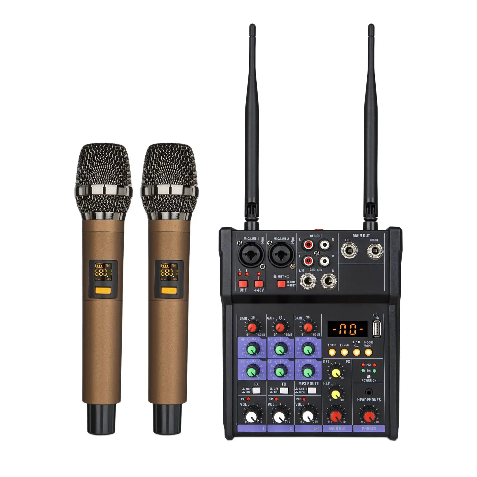 Professional 4 Channel Audio Mixer Console 2x Microphones Karaoke Recording studio Sound Mixers for Audio Power Amplifier
