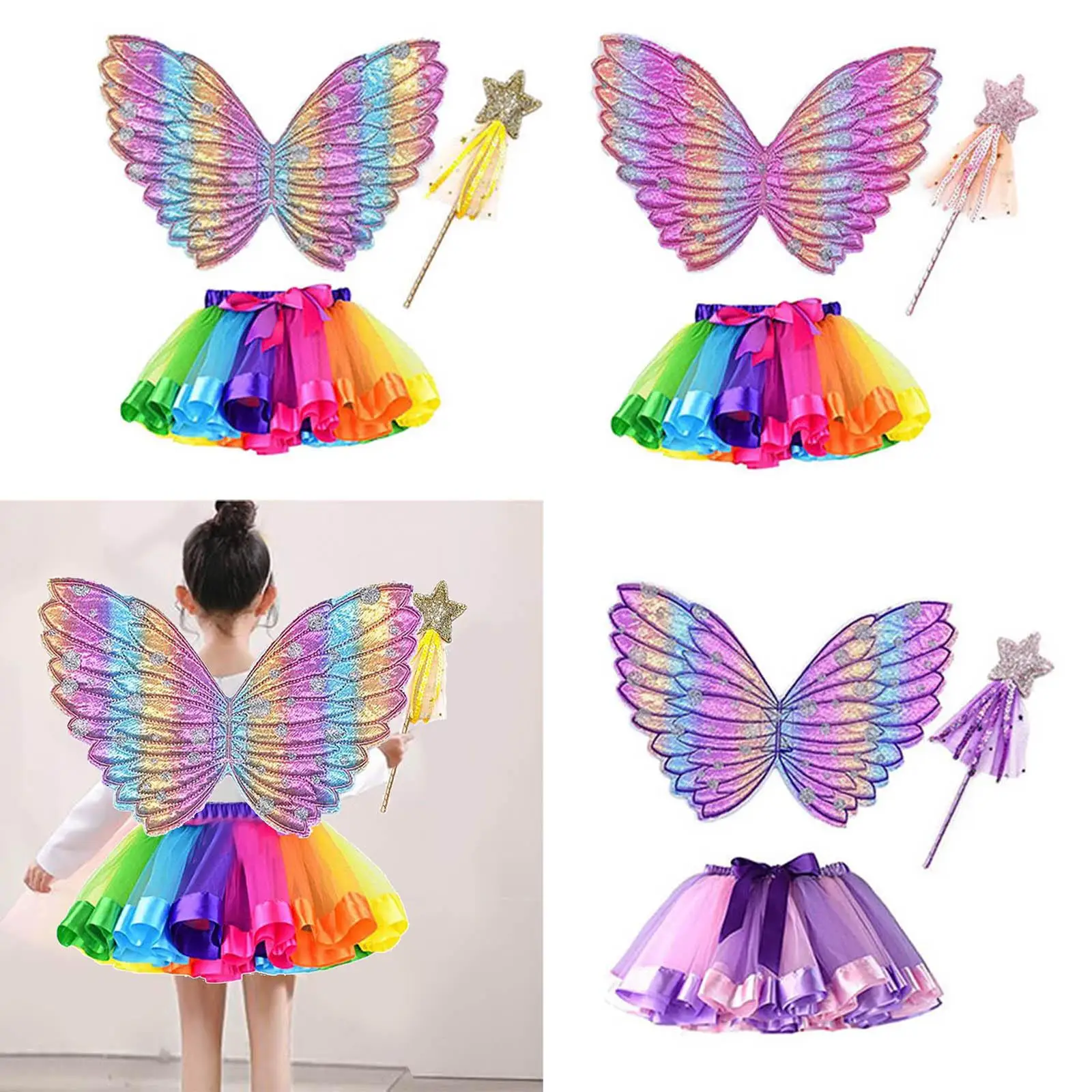 Girls Butterfly Wing Costume Dress up Fairy Children Apparel Tutu Wand Cosplay Outfit for Christmas Holiday Birthday Party