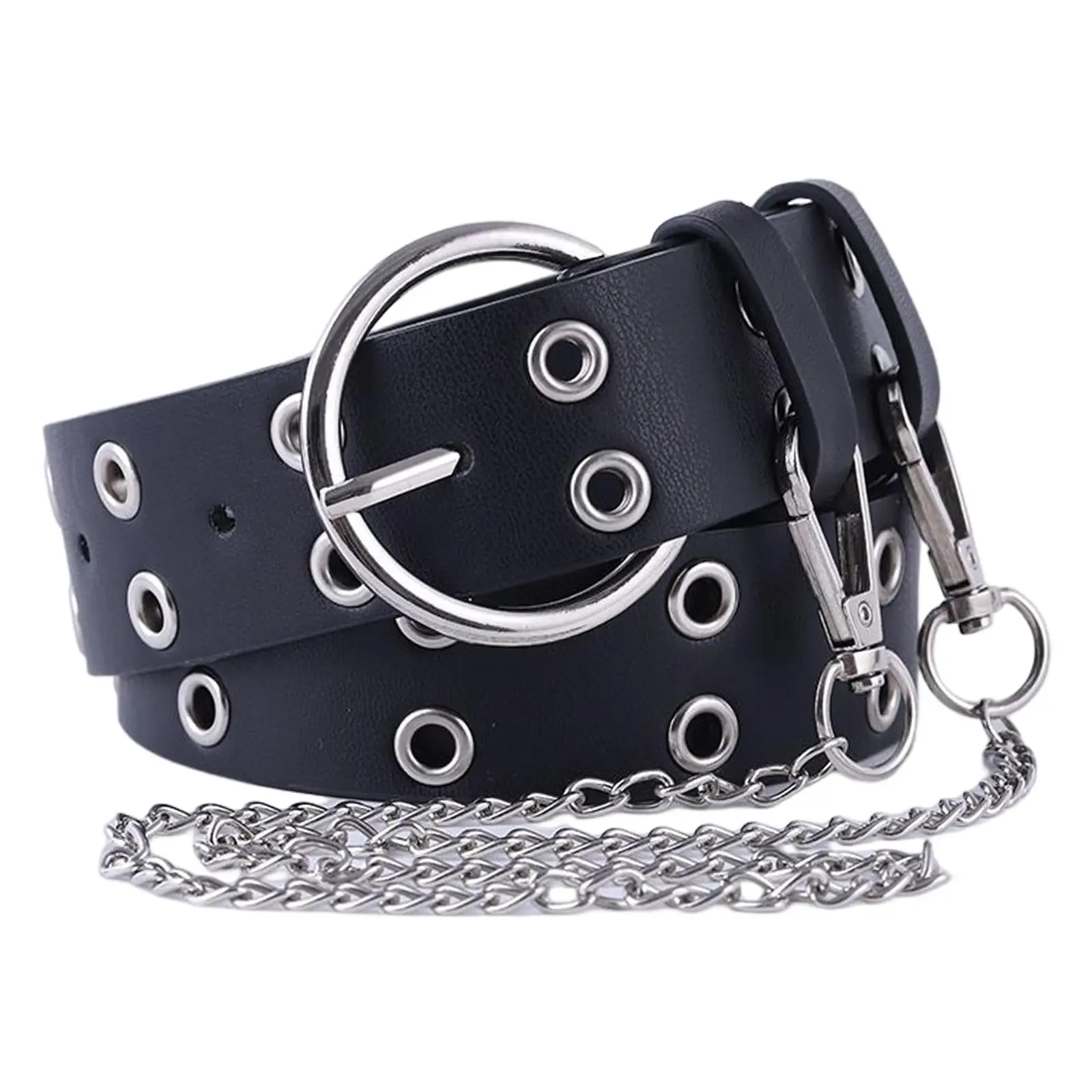 Double Grommet Belt Leather Punk Waist Belt with Chain for Women Jeans Dresses