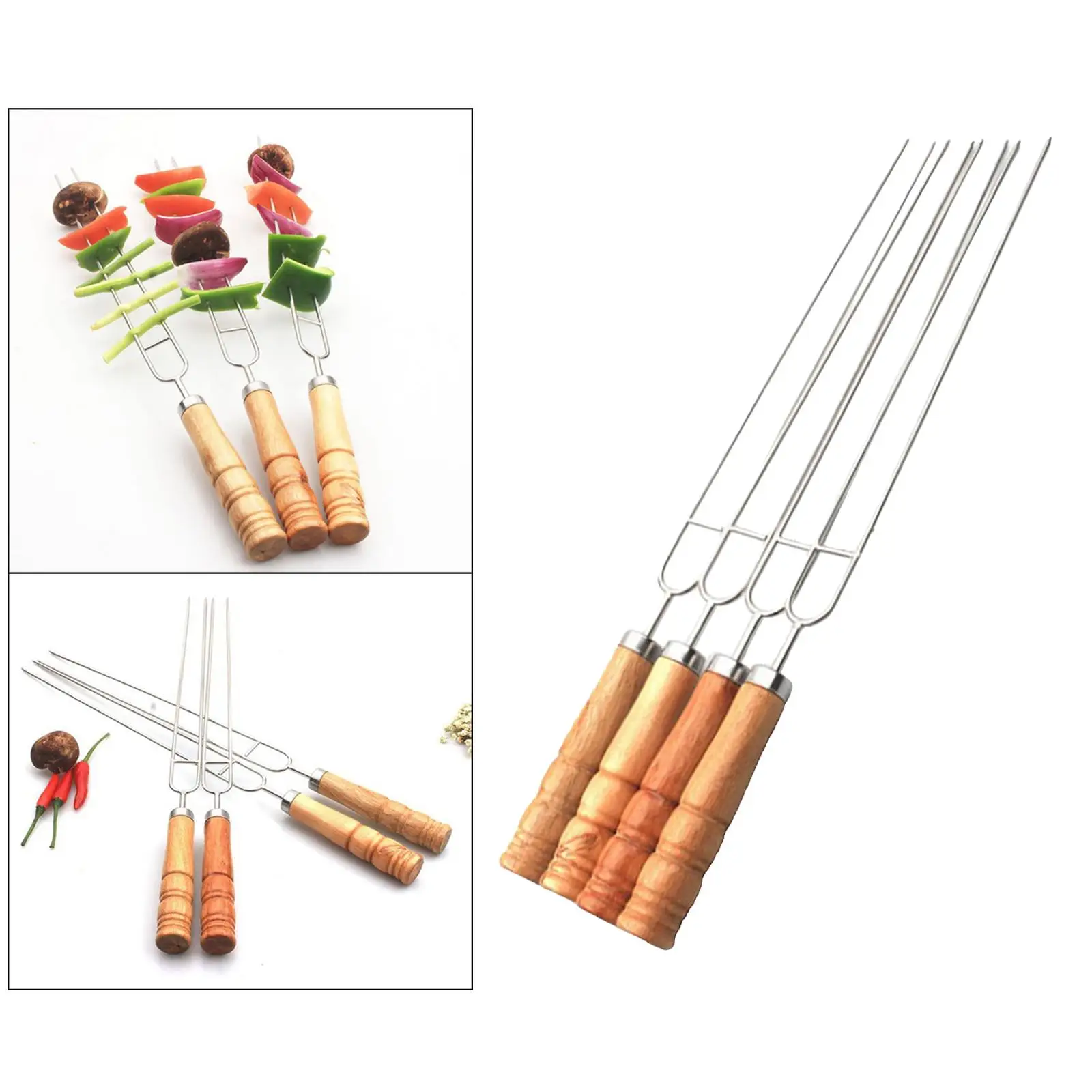 6pcs Barbecue Grill Fork Stainless Steel U-Shaped BBQ Skewer With Anti-scald Wooden Handle Metal Fork Set for Outdoor BBQ Grill