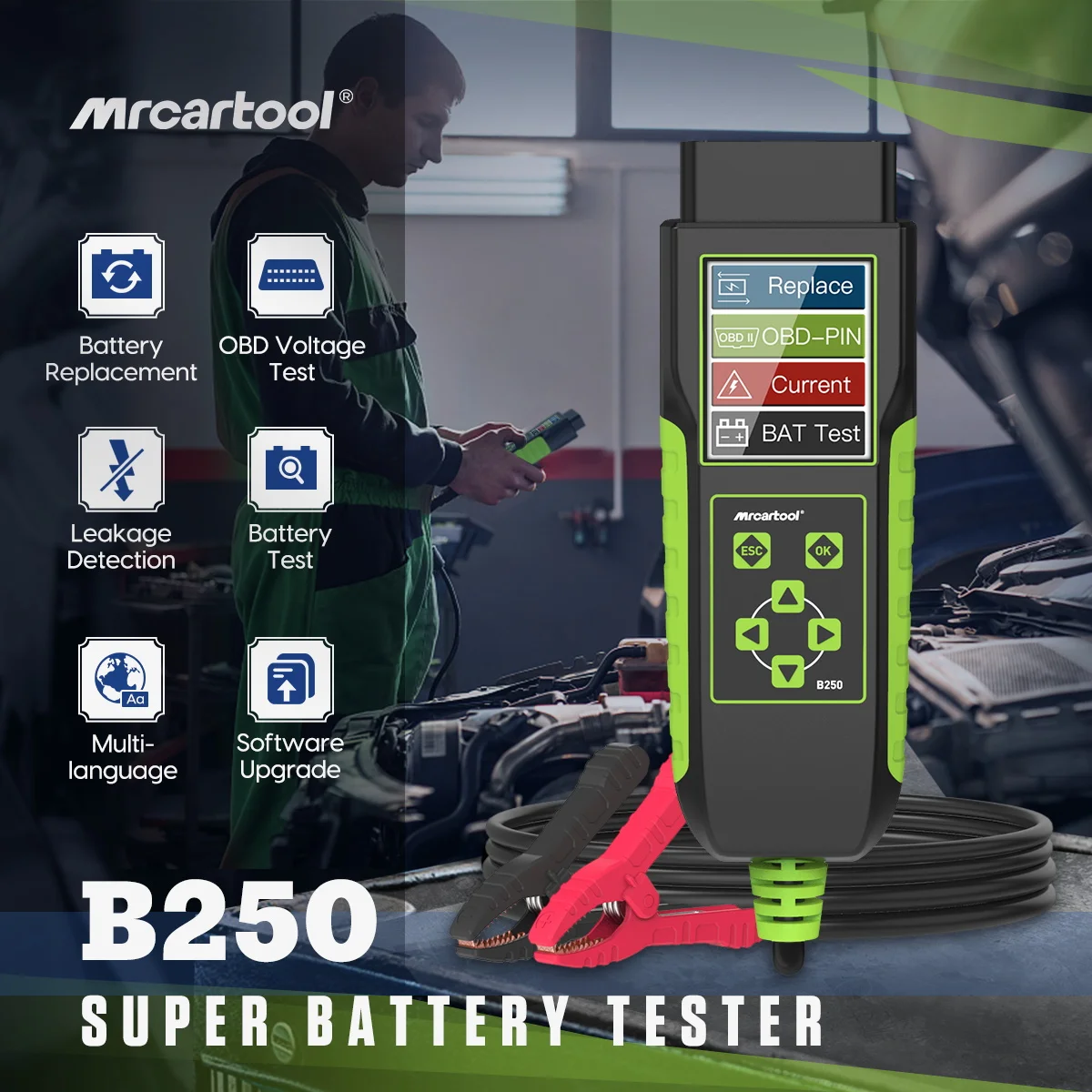 MRCARTOOL B250 Auto Super Batterie Tester Analysator Mehrsprachige 12 V/24 V Batterie Ersatz Auto Elektrische Strom Leckage detektor – Detail 1