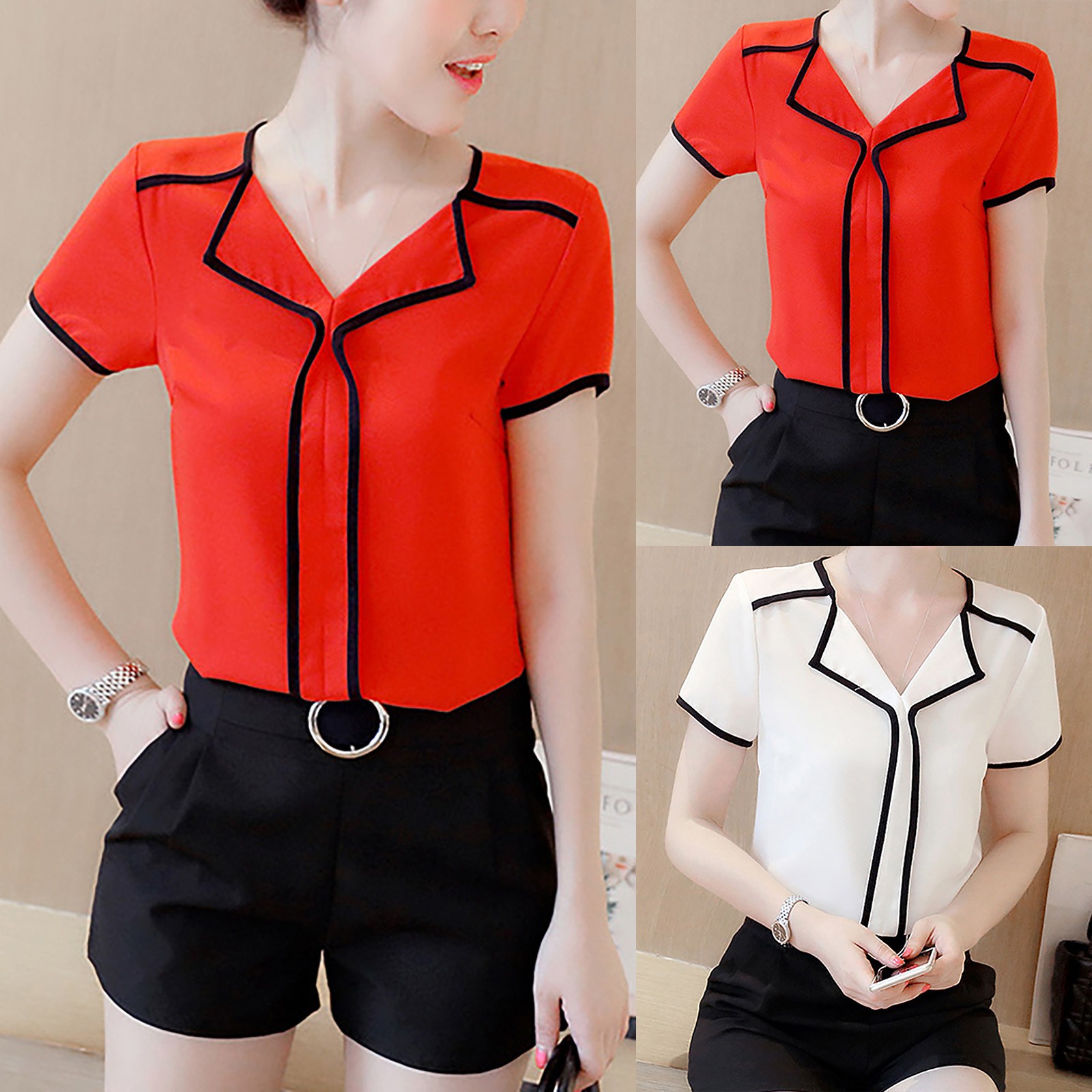 Title 1, Short Sleeved Chiffon Standing Collar Women