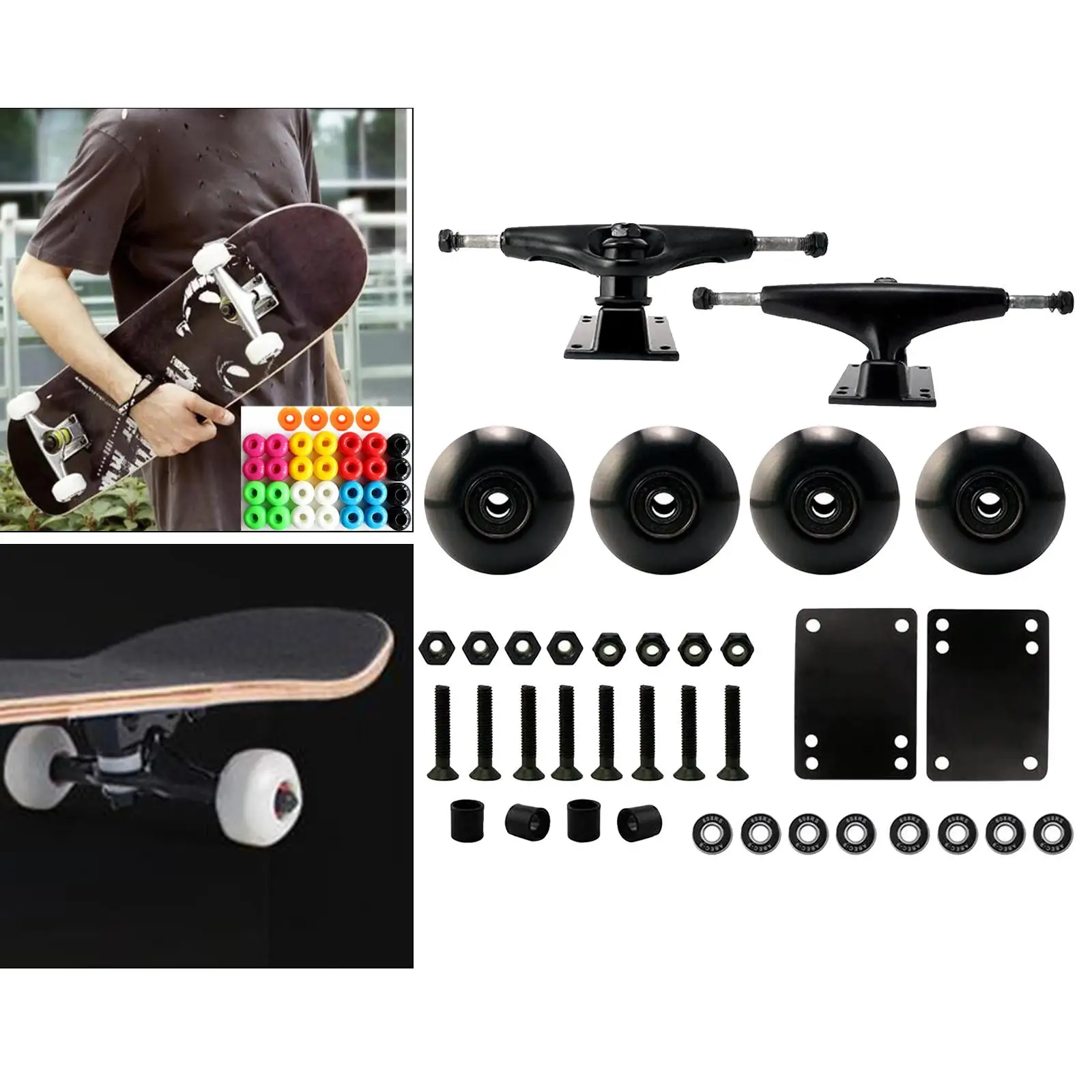 Skateboard Wheels with Bearings 52mm, Skateboard Trucks, Skateboard Riser Pads,