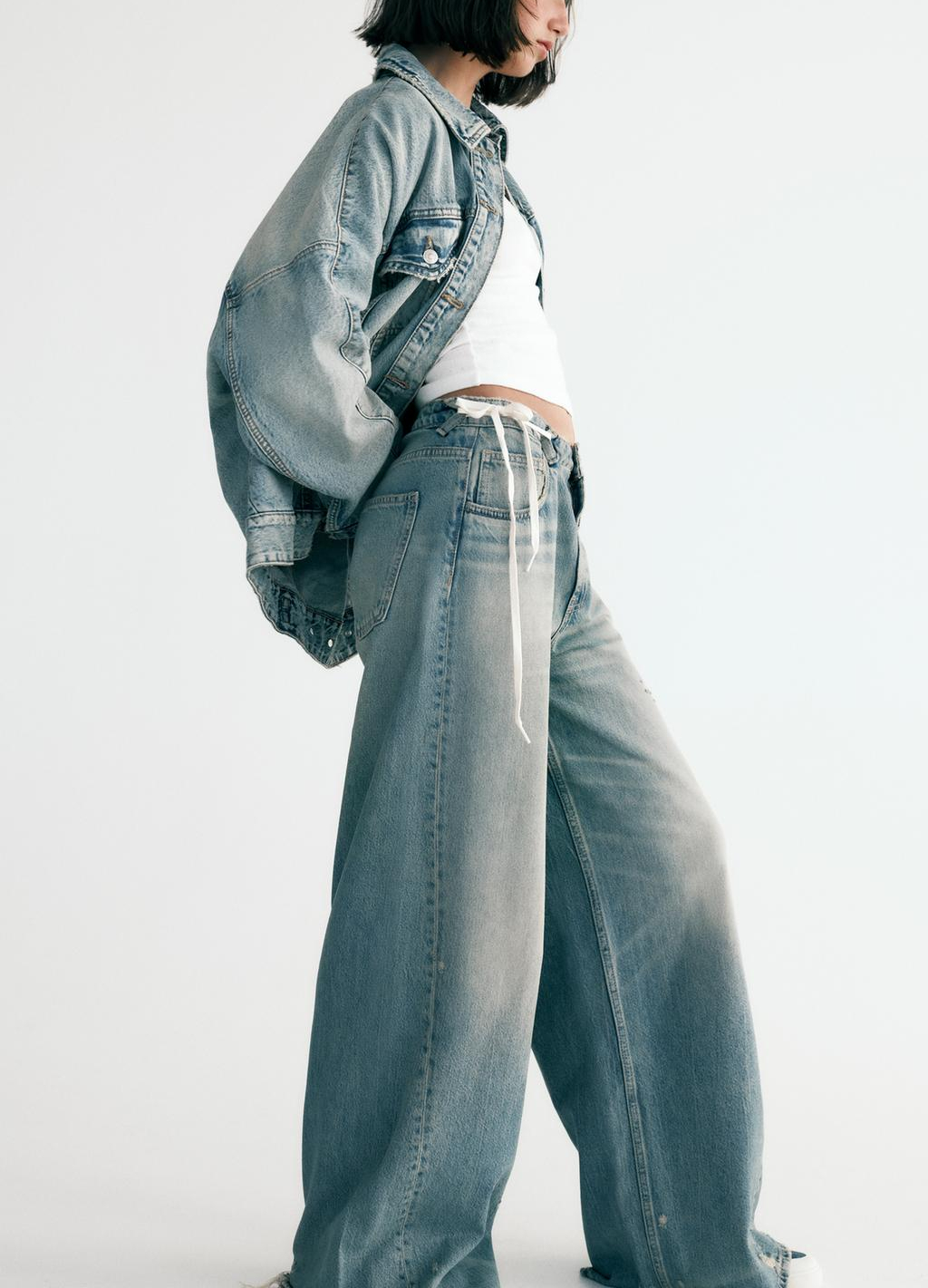 Autunno Donna Giacca di jeans oversize Jeans a gamba larga Abito con risvolto Maniche lunghe Giacca di jeans Cappotto Jeans strappati a gamba larga a vita bassa_voghion.com