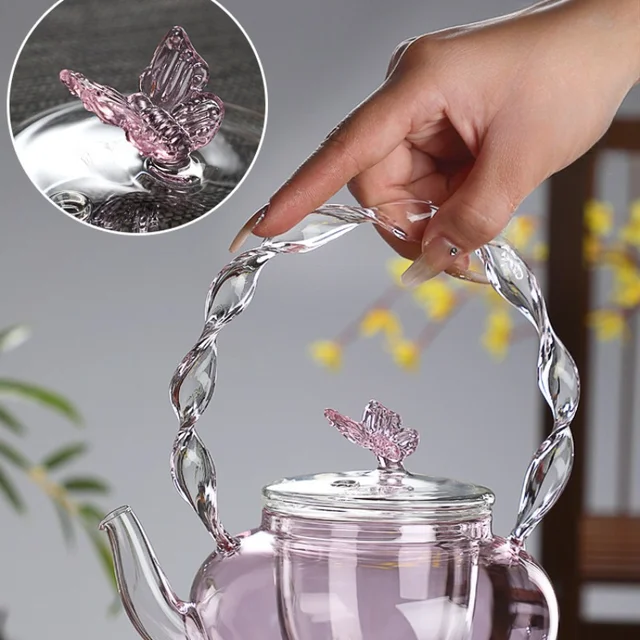 700ml Transparent Pink Iris Teapot Pyrex Cooking Teapot Household