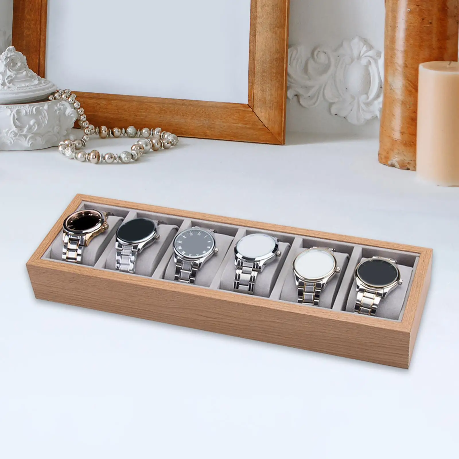 Watch Tray Jewelry Watch Show Box Watch Pillows Tray Bracelet Display 6 Slots Wood Flannel Watch Box Organizer for Drawers