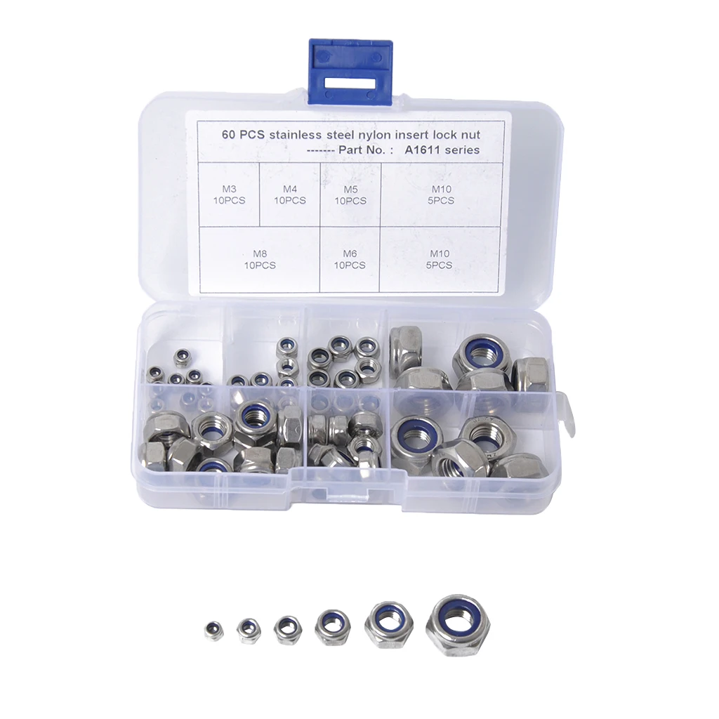Nylon Insert  Nuts, 304 Stainless  Nut  for Hardware Accessories Finish Hex 60PCS