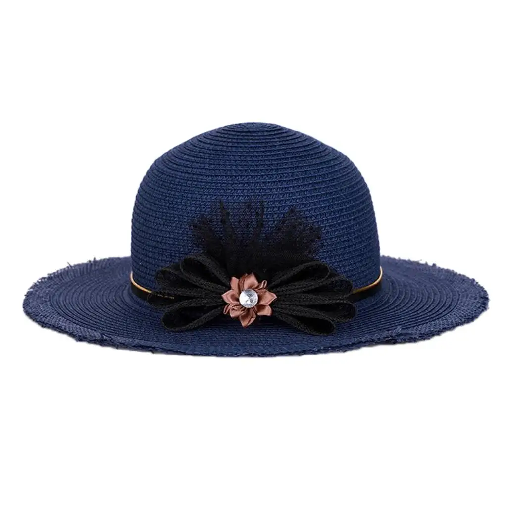 Straw Weave Hat Wide Visor Beach Sun Protection Cap with Lace Bow Ornament