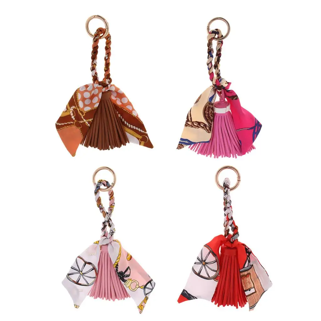 Women Leather Tassel Keychain Key Chain Tassel Design Silk Scarf Leather Key for Keychain Crafts