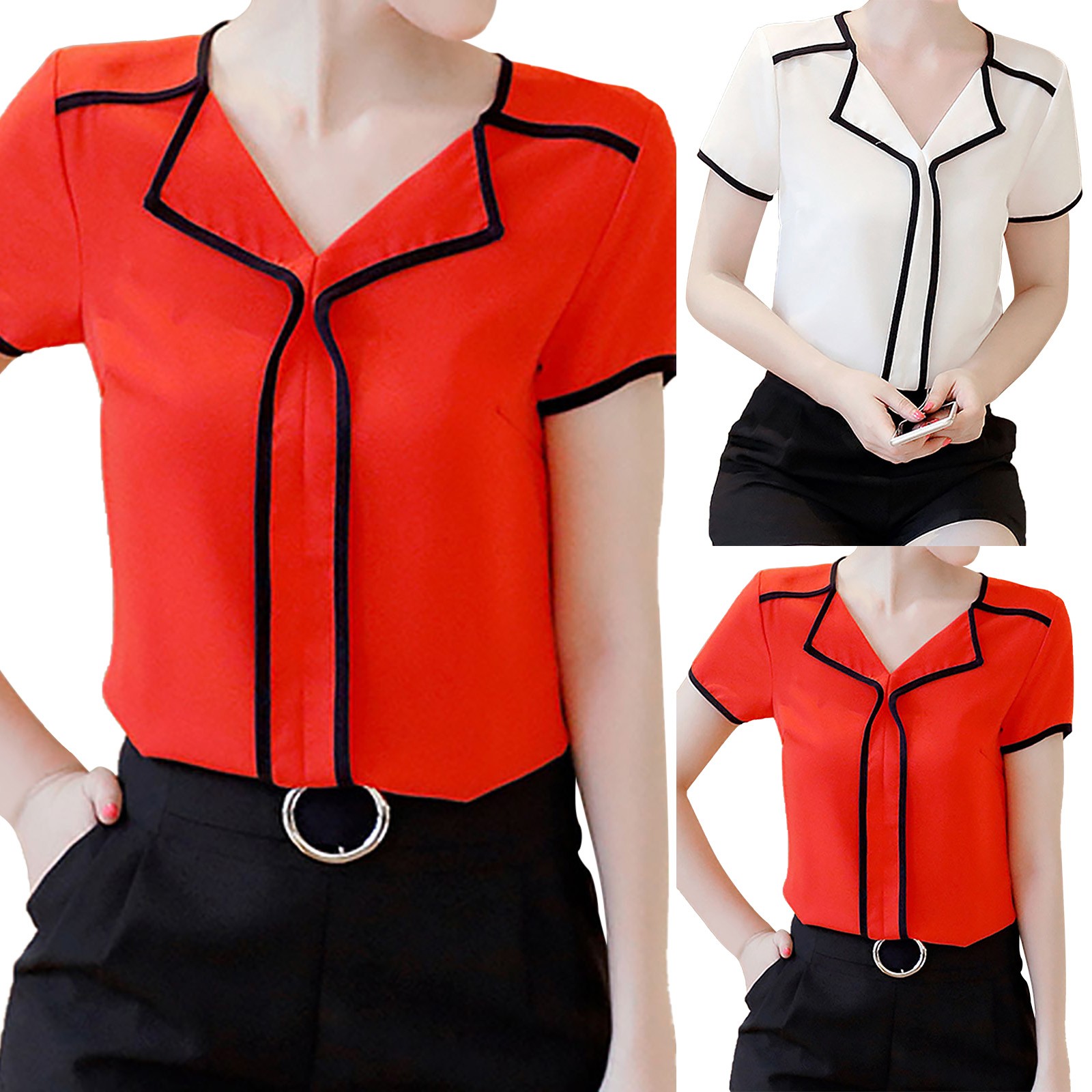 Title 6, Short Sleeved Chiffon Standing Collar Women