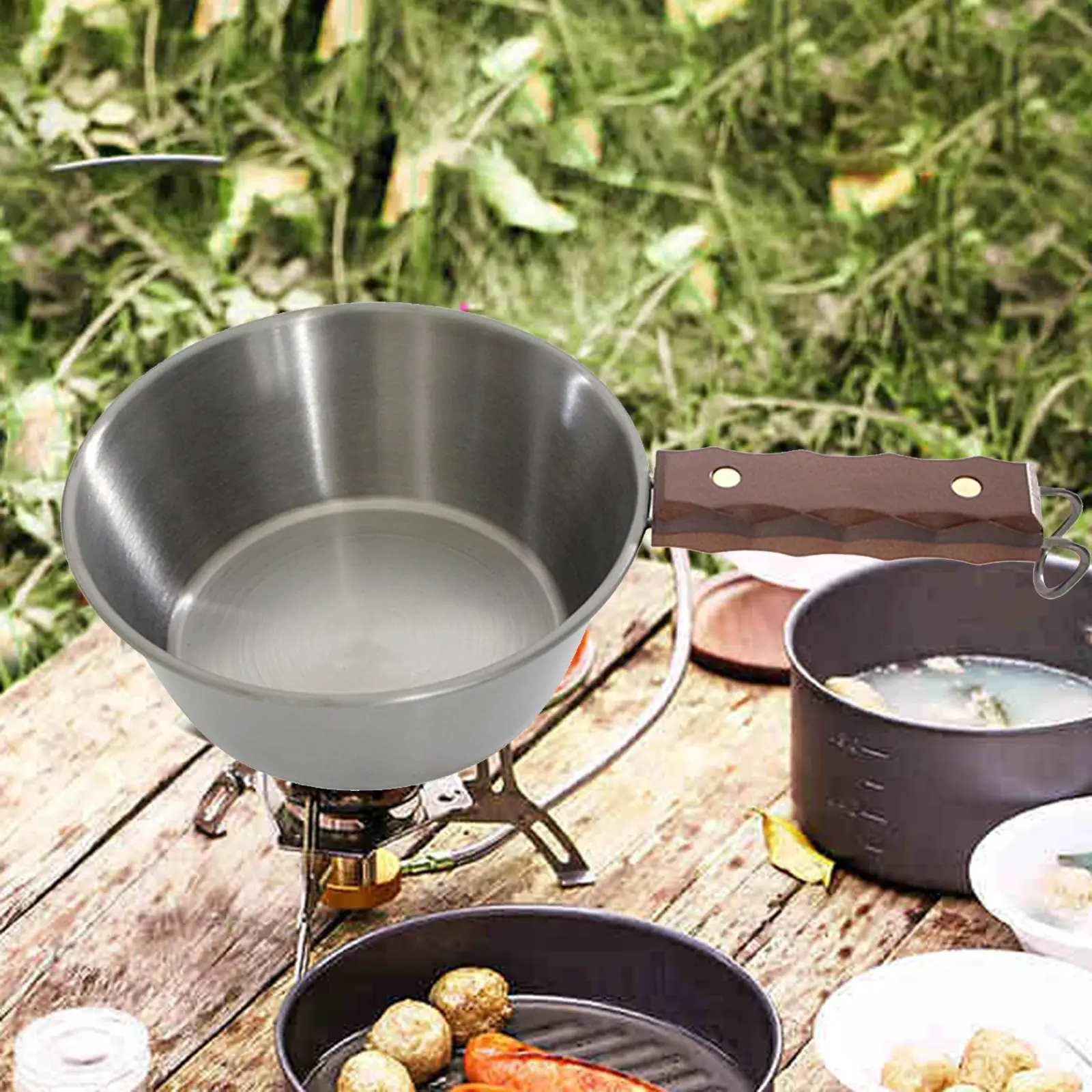 Outdoor Bowl Cup Cookware with Wood Handle with Carry Bag Lightweight Camping Bowl for BBQ Cookout Barbecue Hiking Campfire