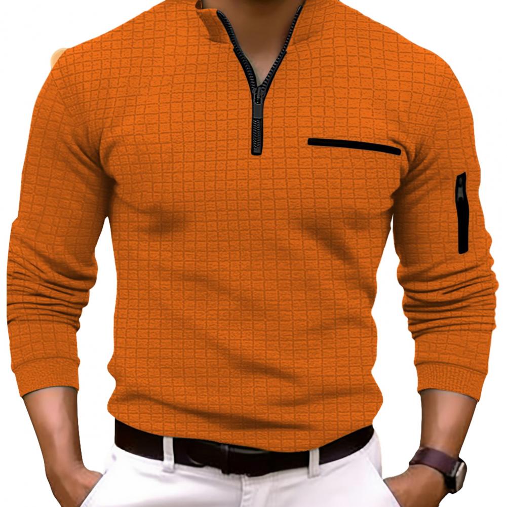 Description Picture 4 of itemLoose Shirt Stylish Men's Waffle Texture Pullover Zipper Lapel Collar Soft Warm Long Sleeve Shirt for Spring Fall Solid Color