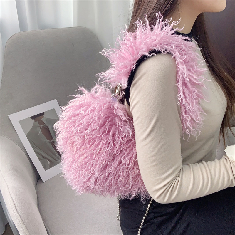 Herzförmige Damen Plüsch Umhängetaschen süße Liebe Kunst pelz weibliche Umhängetasche weiche flauschige Tasche Handtaschen Mädchen Achsel Tasche – Detail 20
