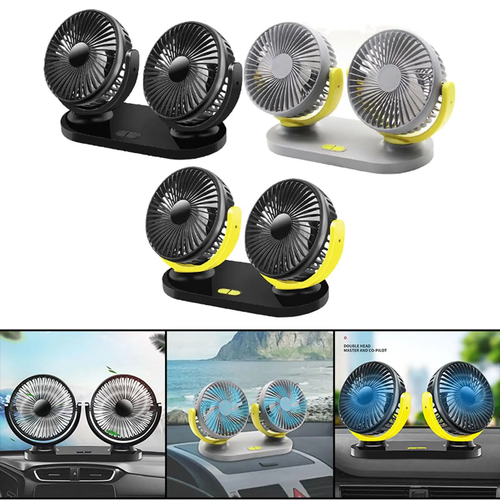 Mini Electric Car Fan Dual Head Dual Head 3 Speed Adjustable USB Powered Auto Cooler Low Noise Fit for Vehicle Office Truck RV