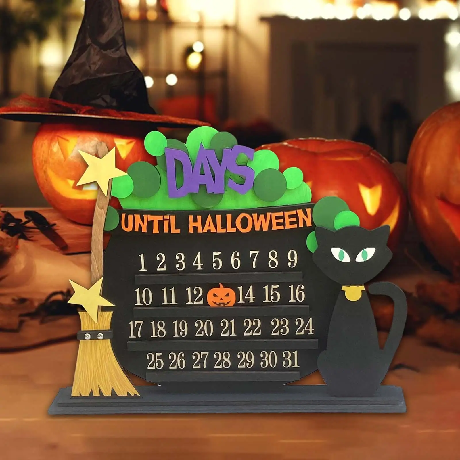 Wooden Halloween Advent Countdown Calendar Table Decorations Convenient Assemble Cute Patterns Handicrafts for Home Classroom