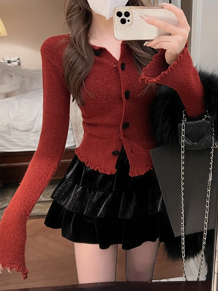 primavera vermelho de malha cardigan feminino manga longa fino camisola senhora do escritório outwear colheita topos feminino coreano moda roupas