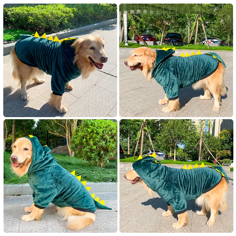 Four pictures of a dog wearing a green dinosaur costume from the animal hoodie collection.