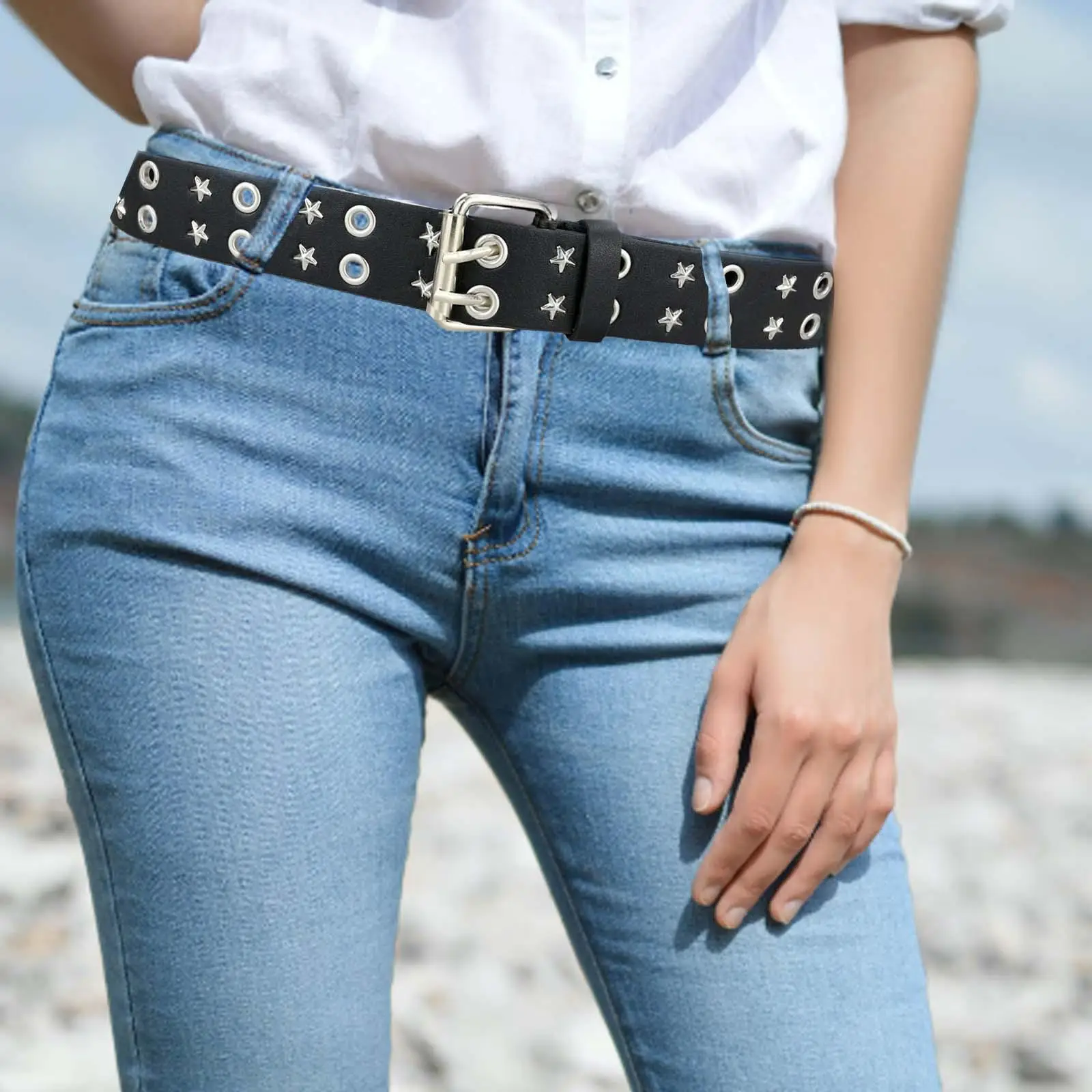 Unisex Punk Belt 2 Hole Grommet Jeans Adjustable Decorative Belt Casual Pin Buckle Gothic Waist Belt