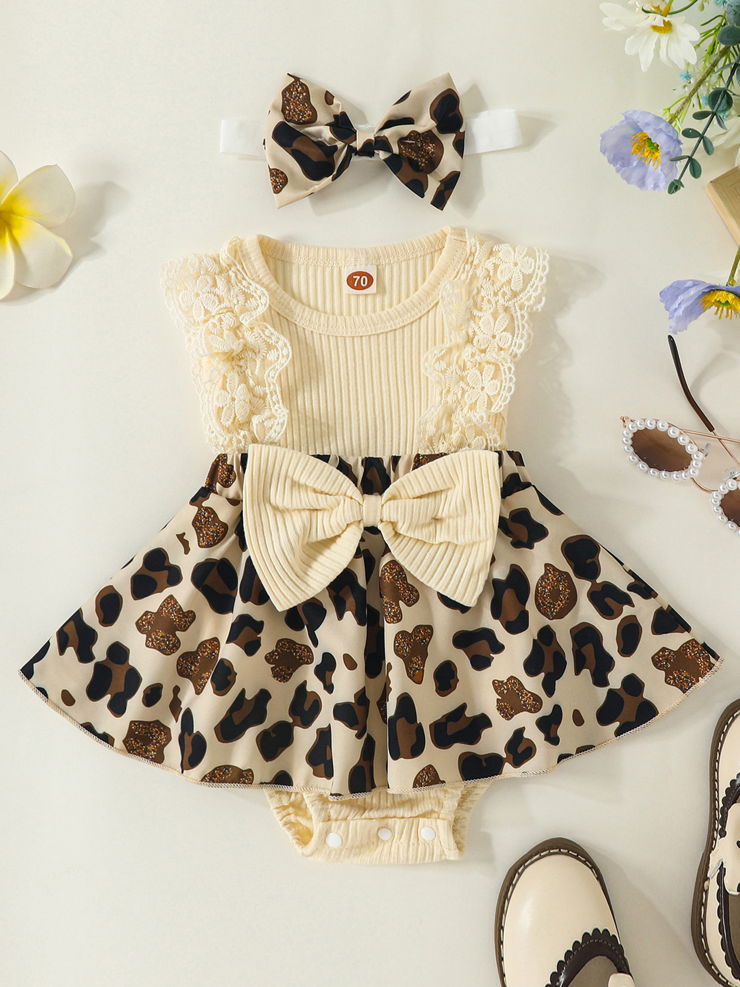 Baby 2 Stück Sommer Outfits ärmelloses Stram pler kleid mit Leoparden muster und Stirnband – Detail 6