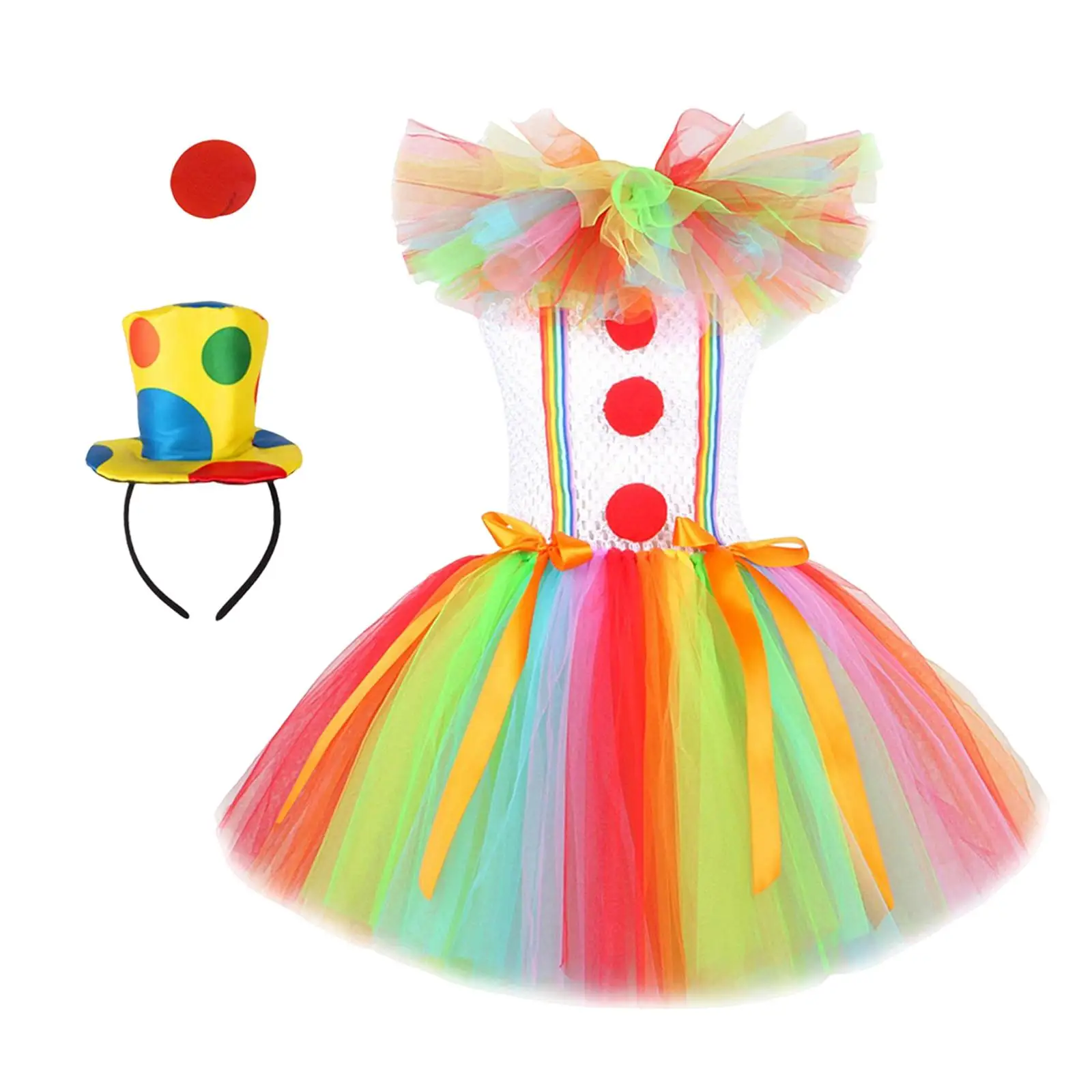 Child Girl Clown Costume Mesh Tutu Dress Outfits with Hat Hair Hoop Fancy Dress up Costume for Halloween Accessory Exquisite