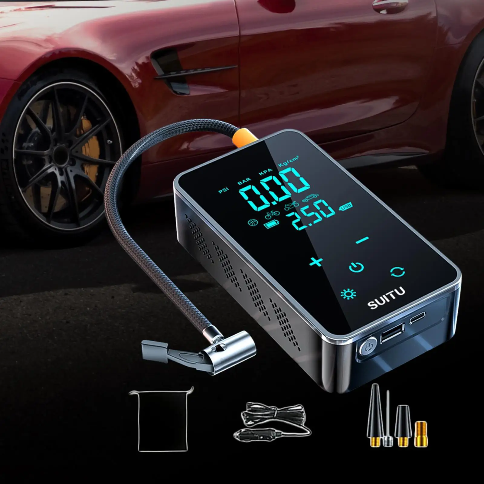 Tire Pump with Cable LED Illumination Fast Inflation Digital Display Mini Inflatable Bed Car Air Pump Touch Screen Tire Inflator