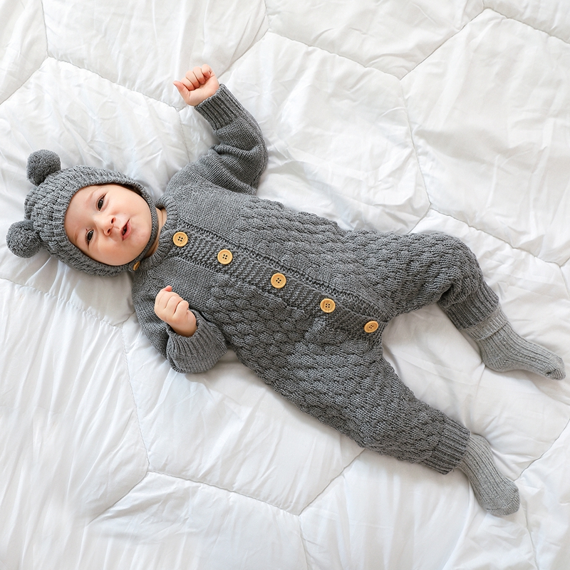 Infant Neugeborenen Baby 2PCS Winter Warme Outfits, Lange Ärmel Einfarbig Gestrickte Romper + Bär Hut Set – Detail 2