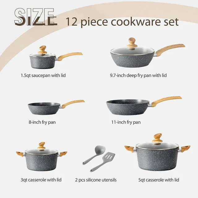 Kitchen Academy 12-Piece Nonstick Granite Stone Cookware Pots and