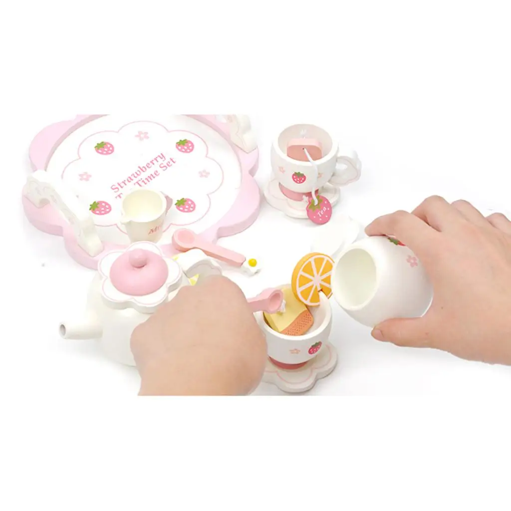 Miniature Dollhouse Wooden Strawberry Themed Afternoon Tea Set Food Kitchen Pretend Play Set Restaurant Decoration Accessories