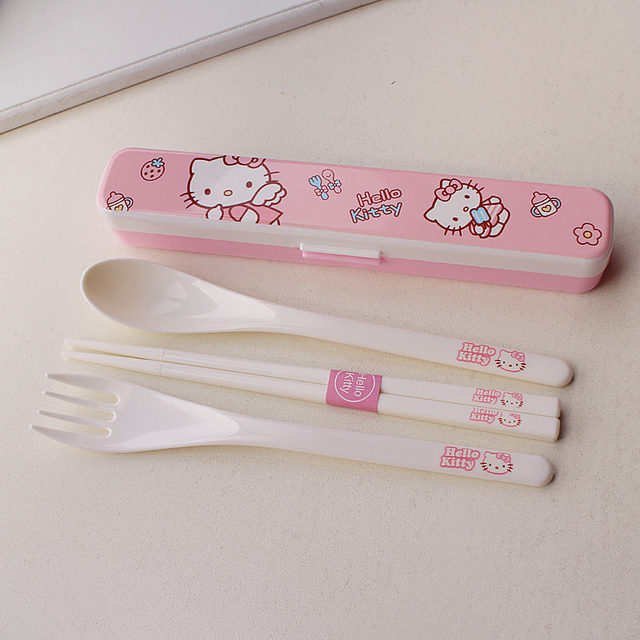 4pcs/set Ceramic Hello Kitty Tableware Spoon Fork Chopsticks Storage Box  Travel