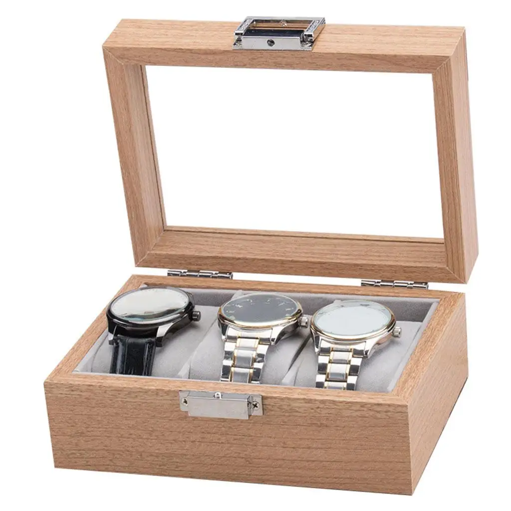 3 Slot Wood Wrist Watch Display Case w/Glass Top & Lock Jewelry Storage Holder Organizer for Men Women